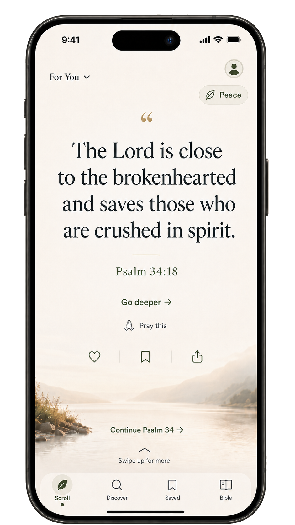 The Scroll feed showing Psalm 34:18